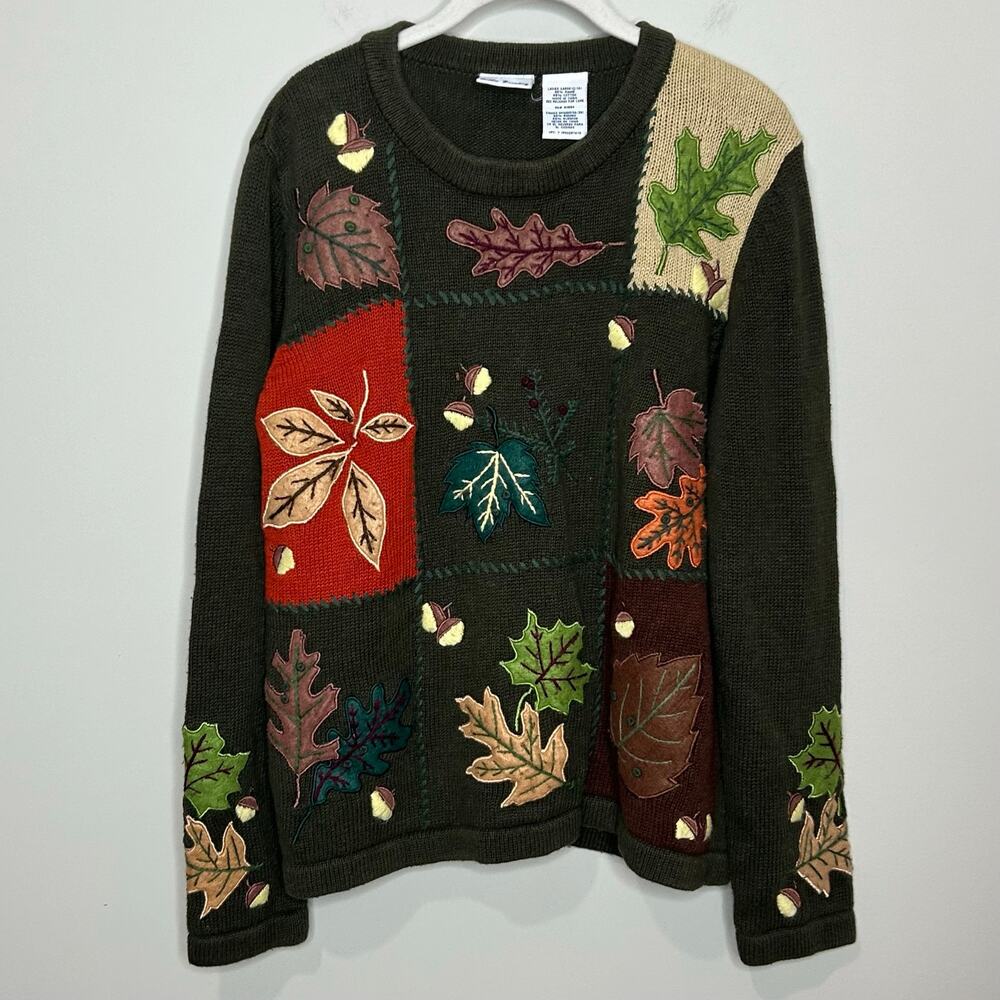 Vintage Bobbie Brooks Fall Leaves Sweater Size L (12/14) Cottagecore Granny Chic